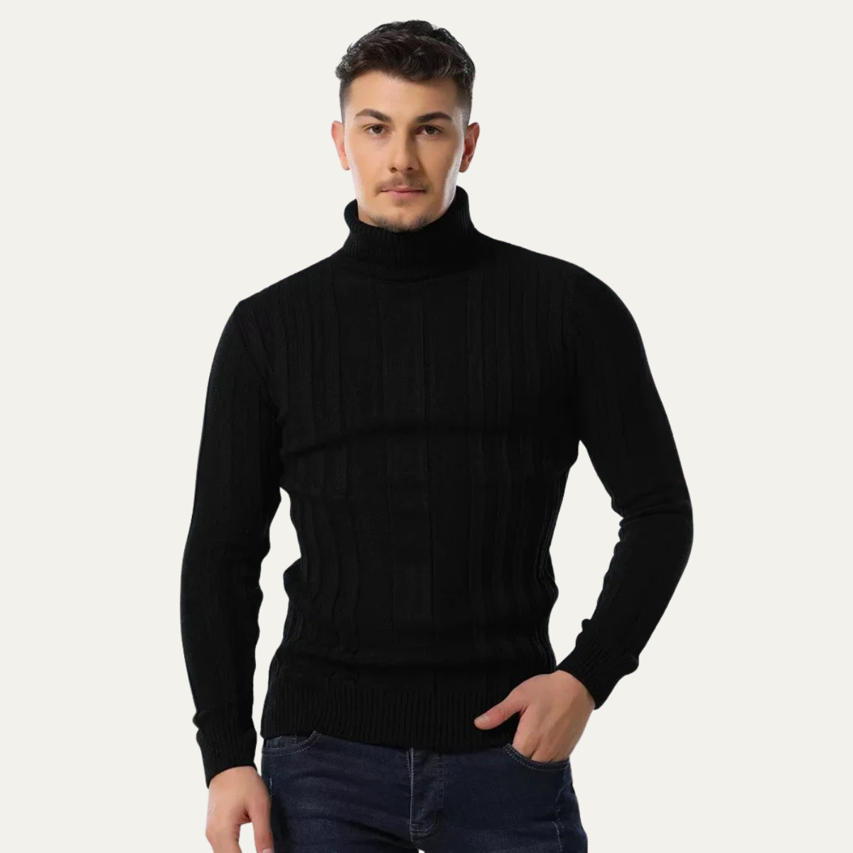 VogeLuxe | Men’s Vertical Ribbed Turtleneck Sweater 4