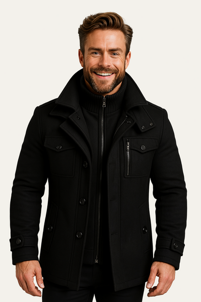 VogeLuxe | Men’s Wool-Blend Short Peacoat with Inner Zip Placket 0