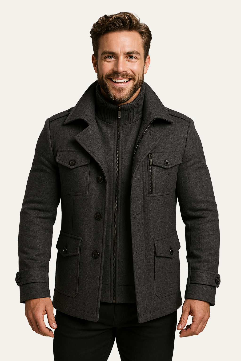 VogeLuxe | Men’s Wool-Blend Short Peacoat with Inner Zip Placket 2