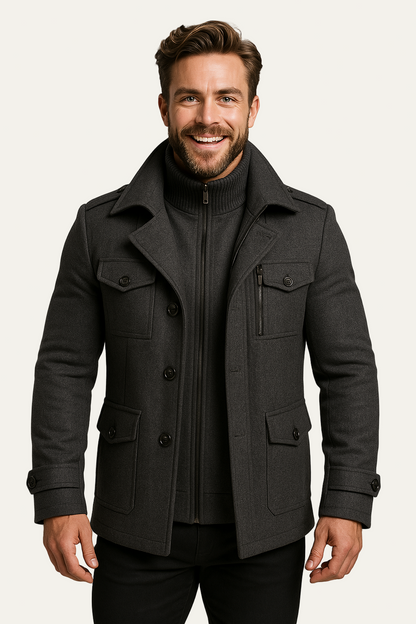 VogeLuxe | Men’s Wool-Blend Short Peacoat with Inner Zip Placket 2
