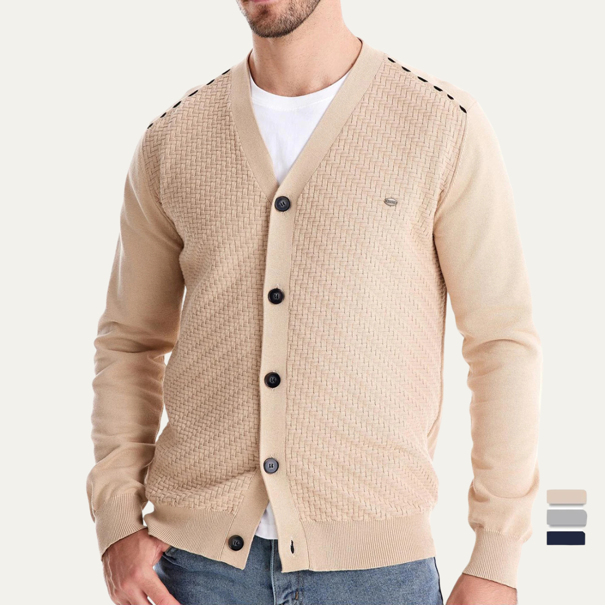 VogeLuxe | Men’s Woven V-Neck Cardigan 1