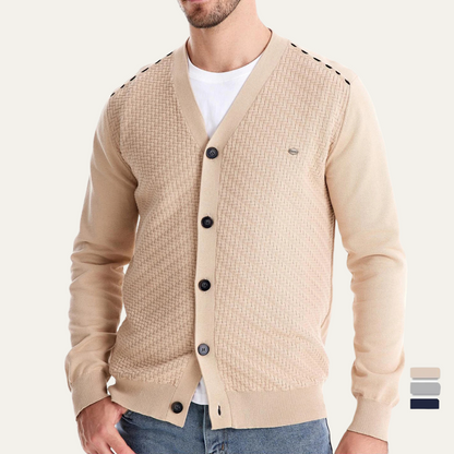 VogeLuxe | Men’s Woven V-Neck Cardigan 1