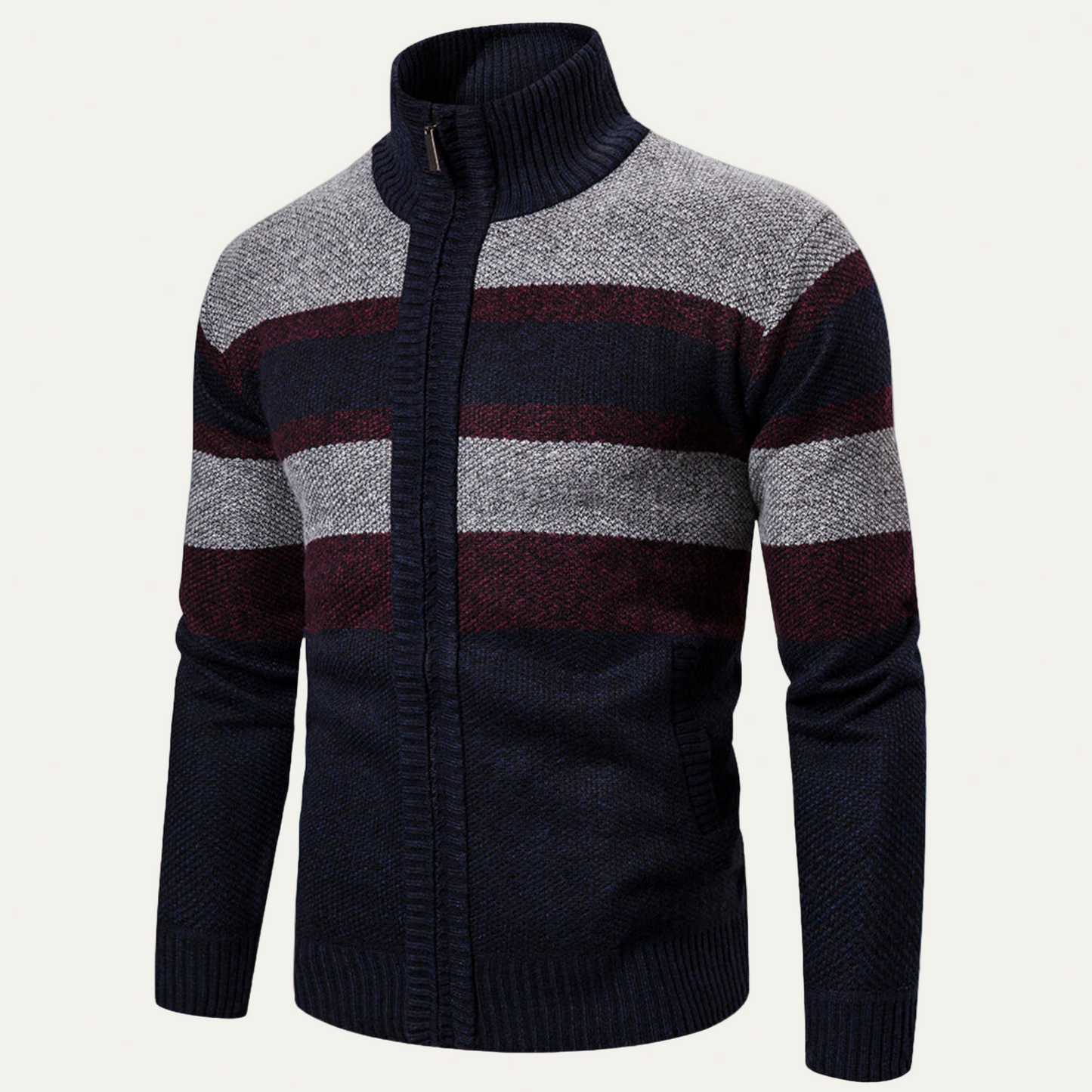 VogeLuxe | Men’s Zip-Up Knit Jacket with Striped Pattern 2