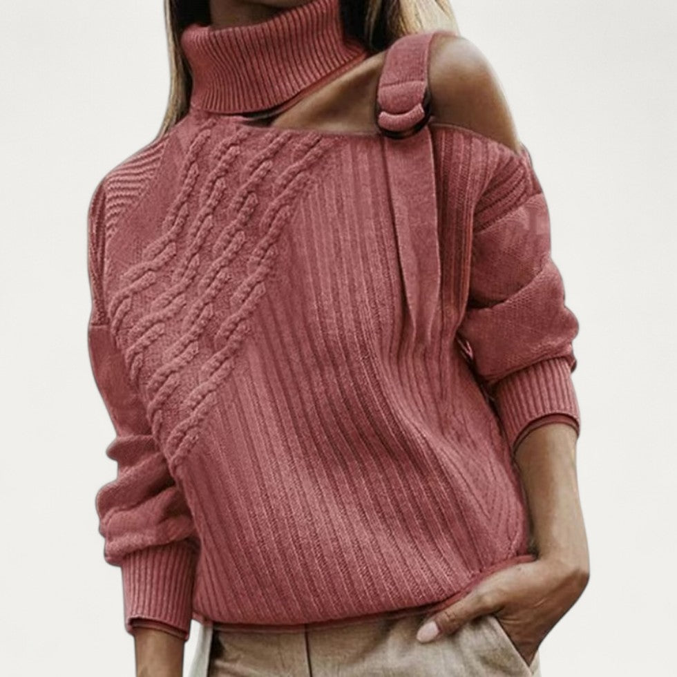 VogeLuxe | Women’s Asymmetric Cutout Cable Knit Turtleneck 0