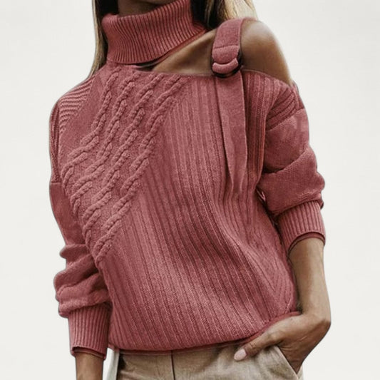 VogeLuxe | Women’s Asymmetric Cutout Cable Knit Turtleneck 0