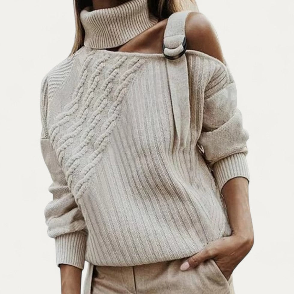 VogeLuxe | Women’s Asymmetric Cutout Cable Knit Turtleneck 1