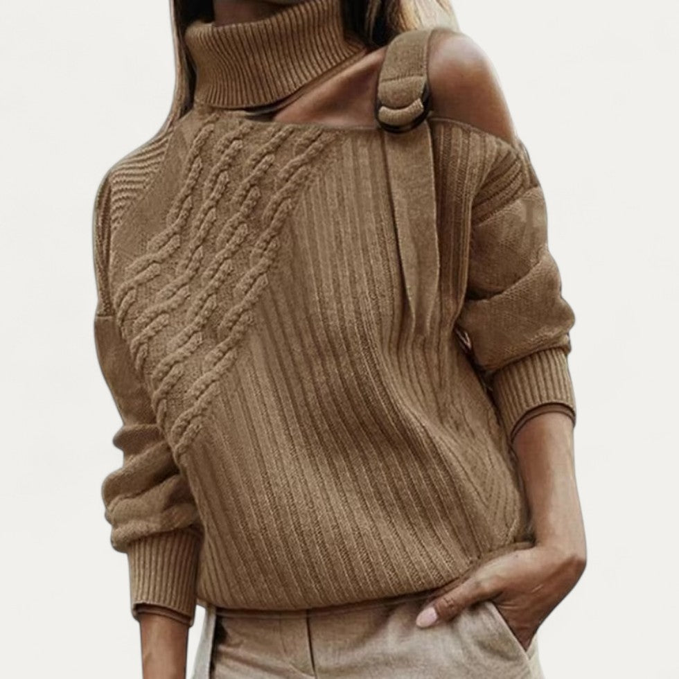 VogeLuxe | Women’s Asymmetric Cutout Cable Knit Turtleneck 2