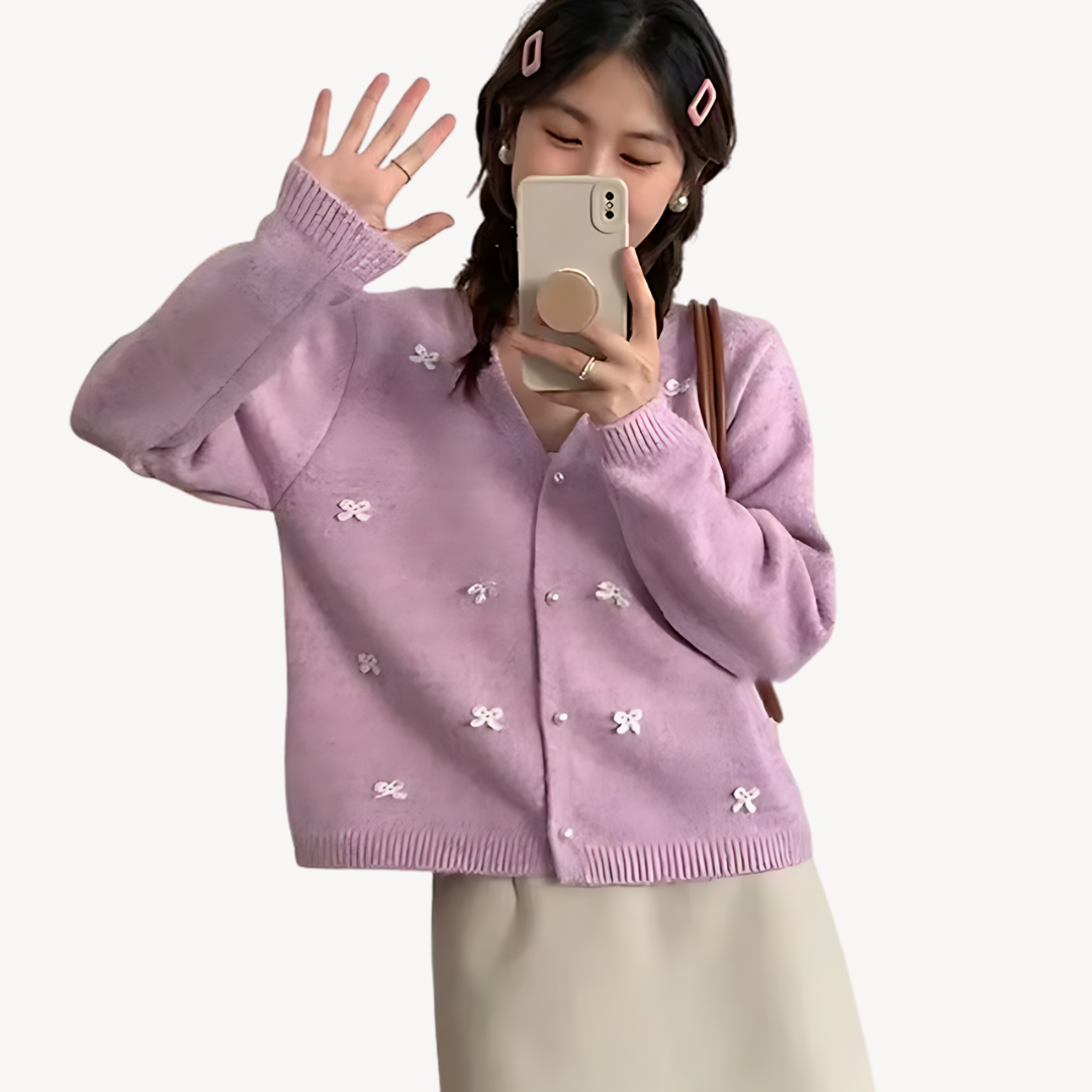 VogeLuxe | Women’s Bow Detail V Neck Cardigan 2