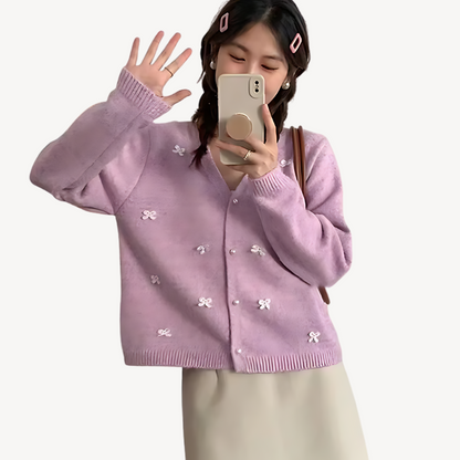 VogeLuxe | Women’s Bow Detail V Neck Cardigan 2