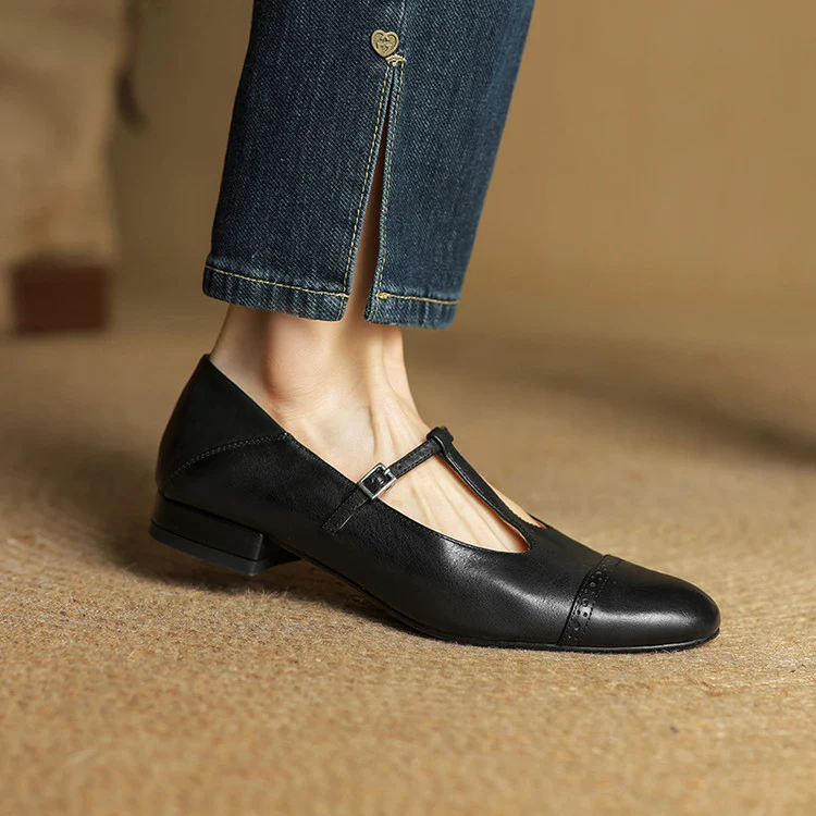 VogeLuxe | Women’s British Style T-Strap Leather Flats 3