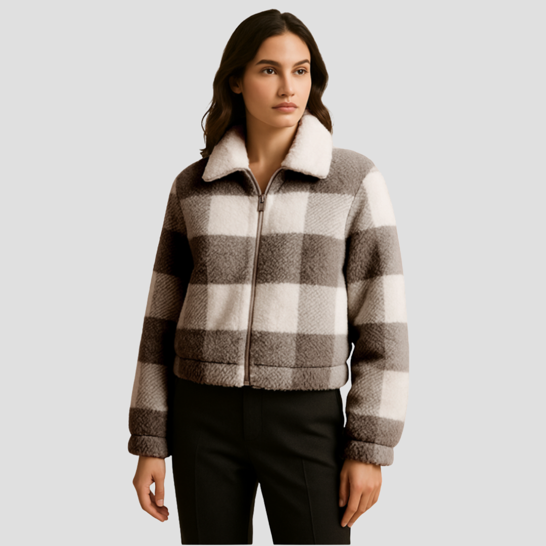 VogeLuxe | Women’s Cropped Plaid Shearling Bomber Jacket 0