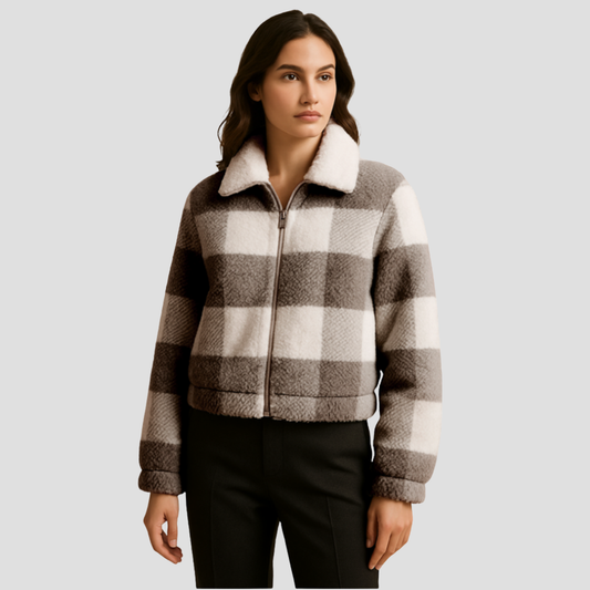 VogeLuxe | Women’s Cropped Plaid Shearling Bomber Jacket 0