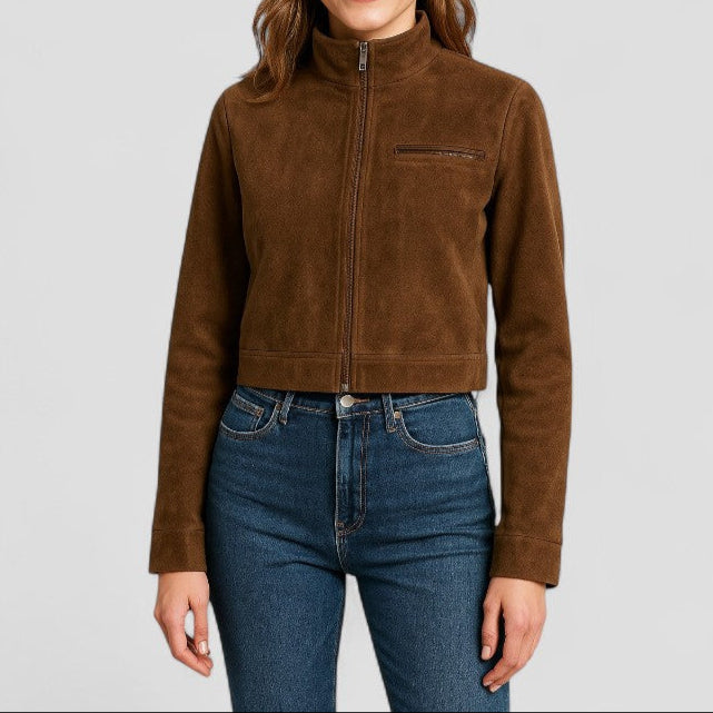 VogeLuxe | Women’s Cropped Suede Jacket with Mock Neck 1