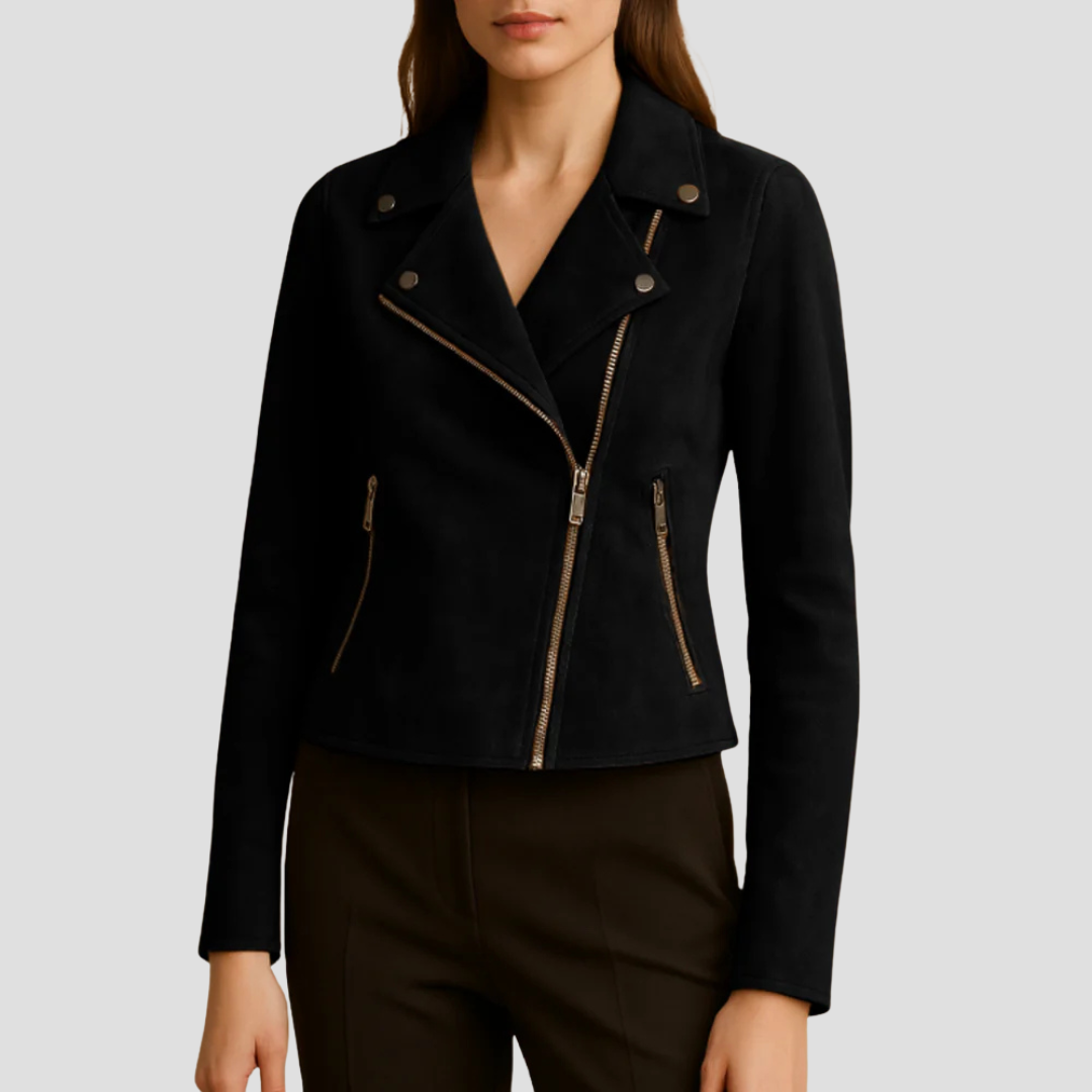 VogeLuxe | Women’s Cropped Suede Moto Jacket 6