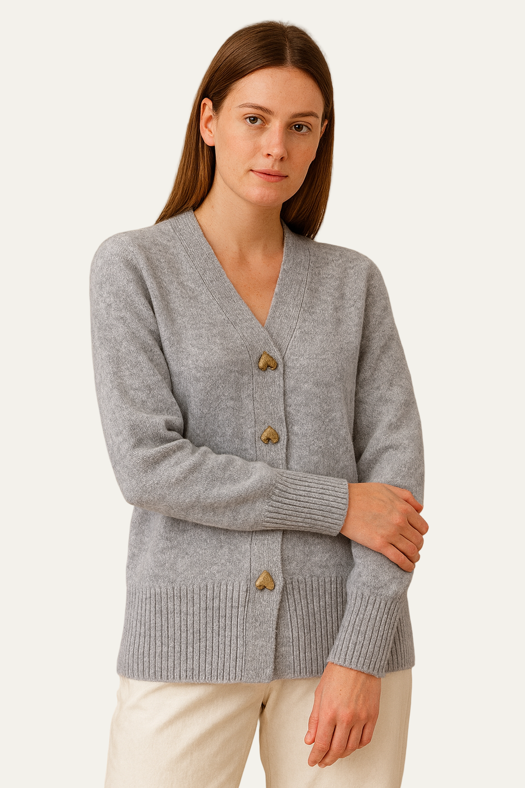 VogeLuxe | Women’s Elegant Heart-Button V-Neck Cardigan 1