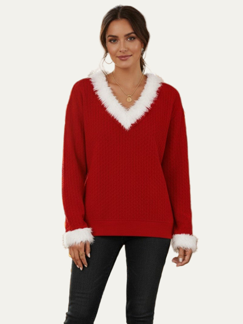 VogeLuxe | Women’s Faux Fur Trimmed V-Neck Sweater 0