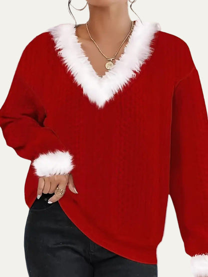 VogeLuxe | Women’s Faux Fur Trimmed V-Neck Sweater 1