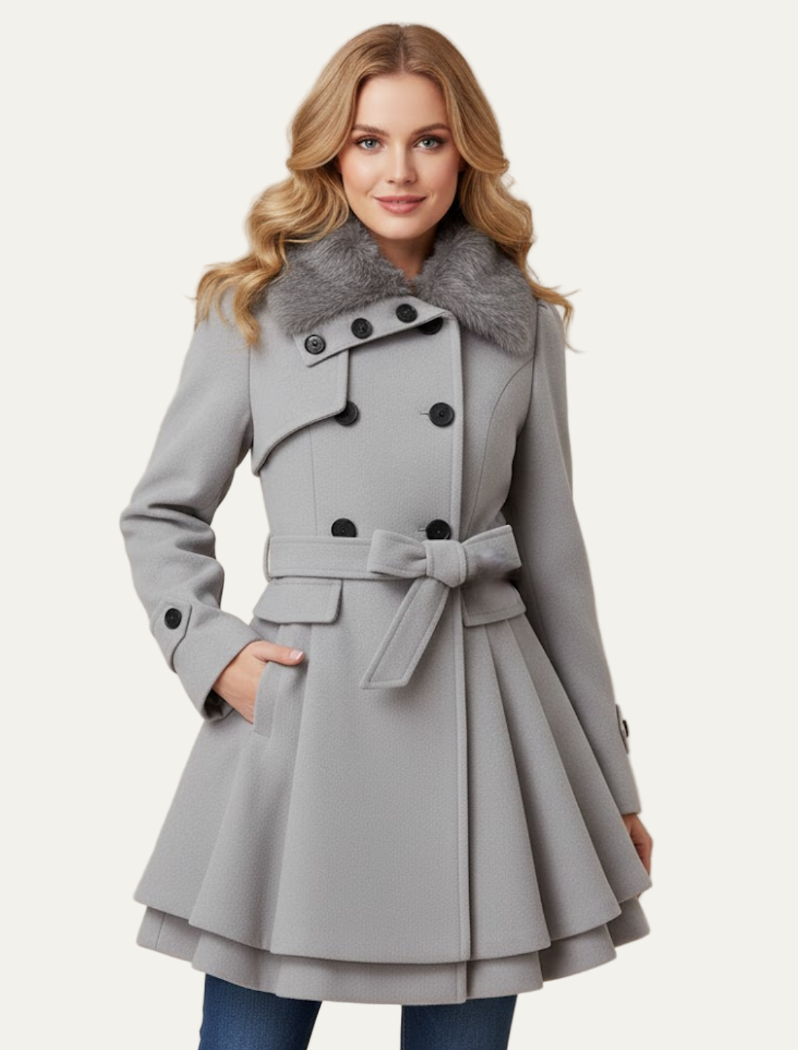VogeLuxe | Women’s Flared Double-Breasted Coat with Faux Fur Collar 1