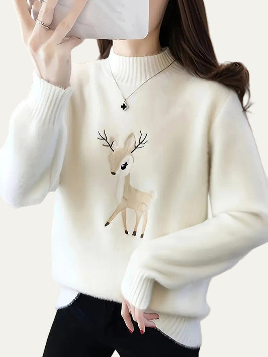 VogeLuxe | Women’s Fuzzy Deer Embroidered Mock Turtleneck 0