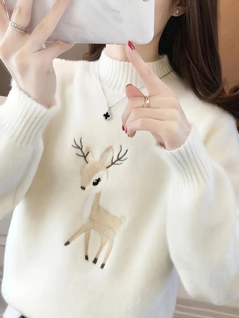 VogeLuxe | Women’s Fuzzy Deer Embroidered Mock Turtleneck 1