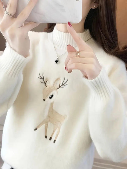 VogeLuxe | Women’s Fuzzy Deer Embroidered Mock Turtleneck 1