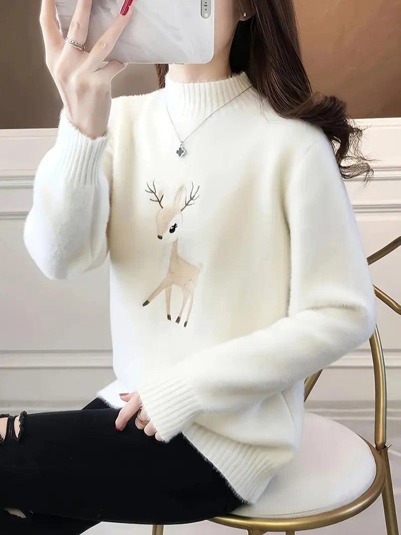VogeLuxe | Women’s Fuzzy Deer Embroidered Mock Turtleneck 3