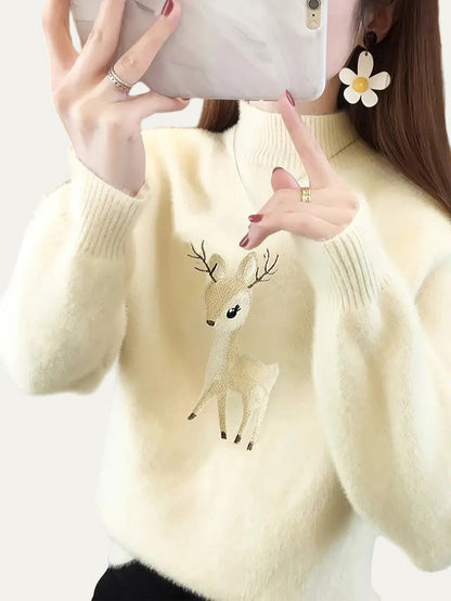 VogeLuxe | Women’s Fuzzy Deer Embroidered Mock Turtleneck 4