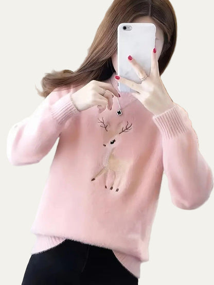 VogeLuxe | Women’s Fuzzy Deer Embroidered Mock Turtleneck 9