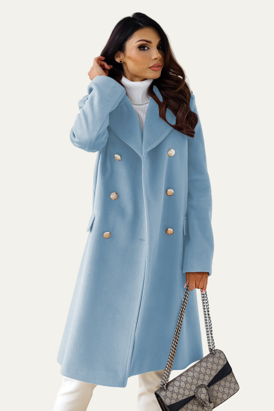 VogeLuxe | Women’s Gold-Button Long Double-Breasted Coat 10