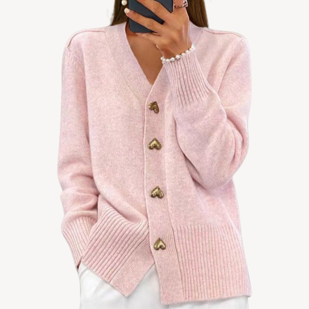 VogeLuxe | Women’s Heart Button V-Neck Cardigan 1