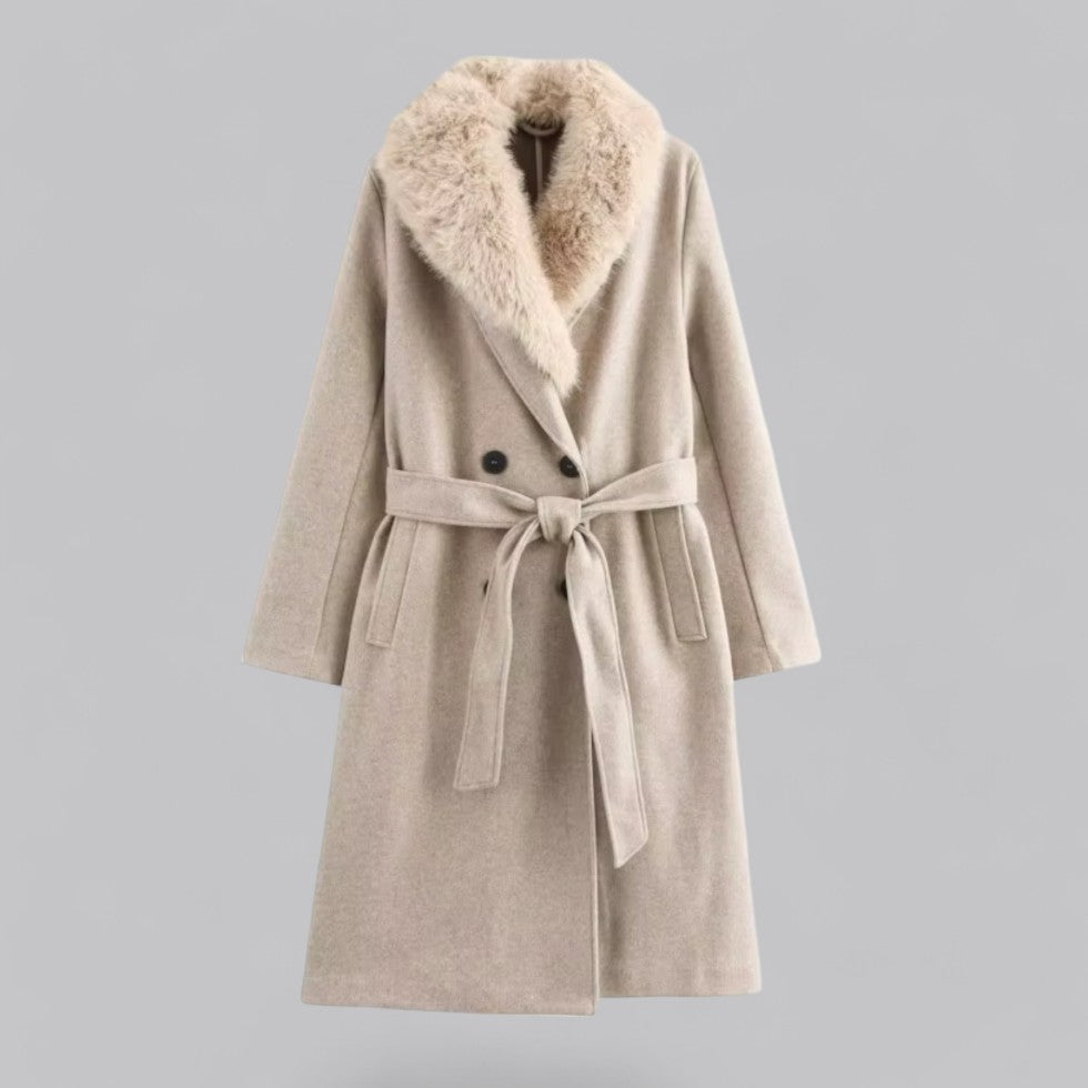 VogeLuxe | Women’s Longline Belted Coat with Faux-Fur Collar 0