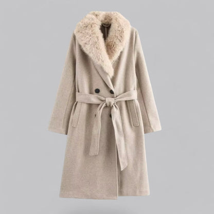 VogeLuxe | Women’s Longline Belted Coat with Faux-Fur Collar 0