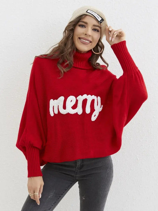VogeLuxe | Women’s Merry Lettered Turtleneck Balloon Sleeve Sweater 0