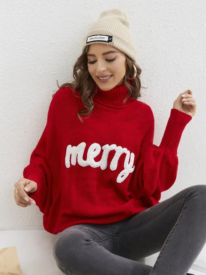 VogeLuxe | Women’s Merry Lettered Turtleneck Balloon Sleeve Sweater 1