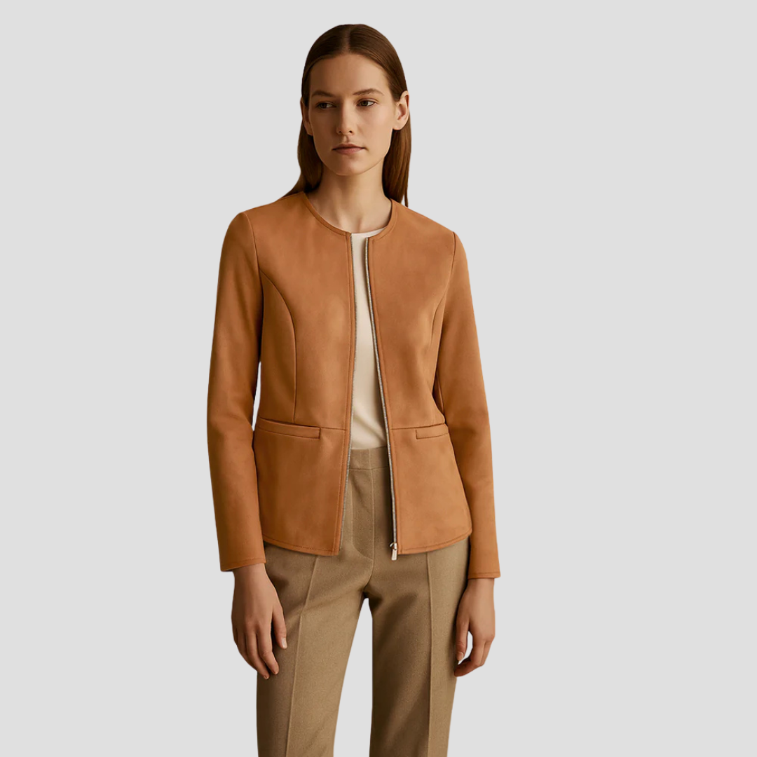 VogeLuxe | Women’s Minimalist Suede Zip-Up Jacket 2