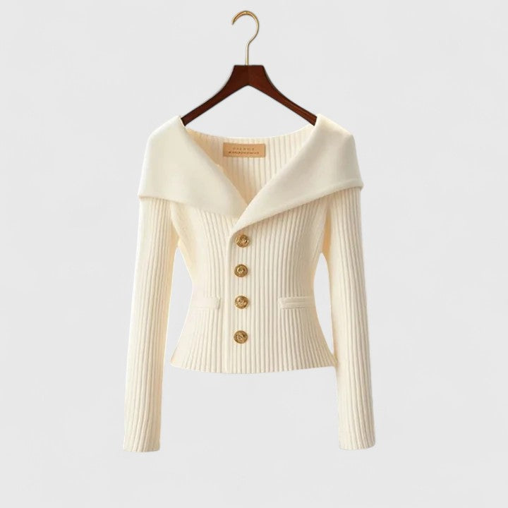 VogeLuxe | Women’s Off-Shoulder Ribbed Button Cardigan 1