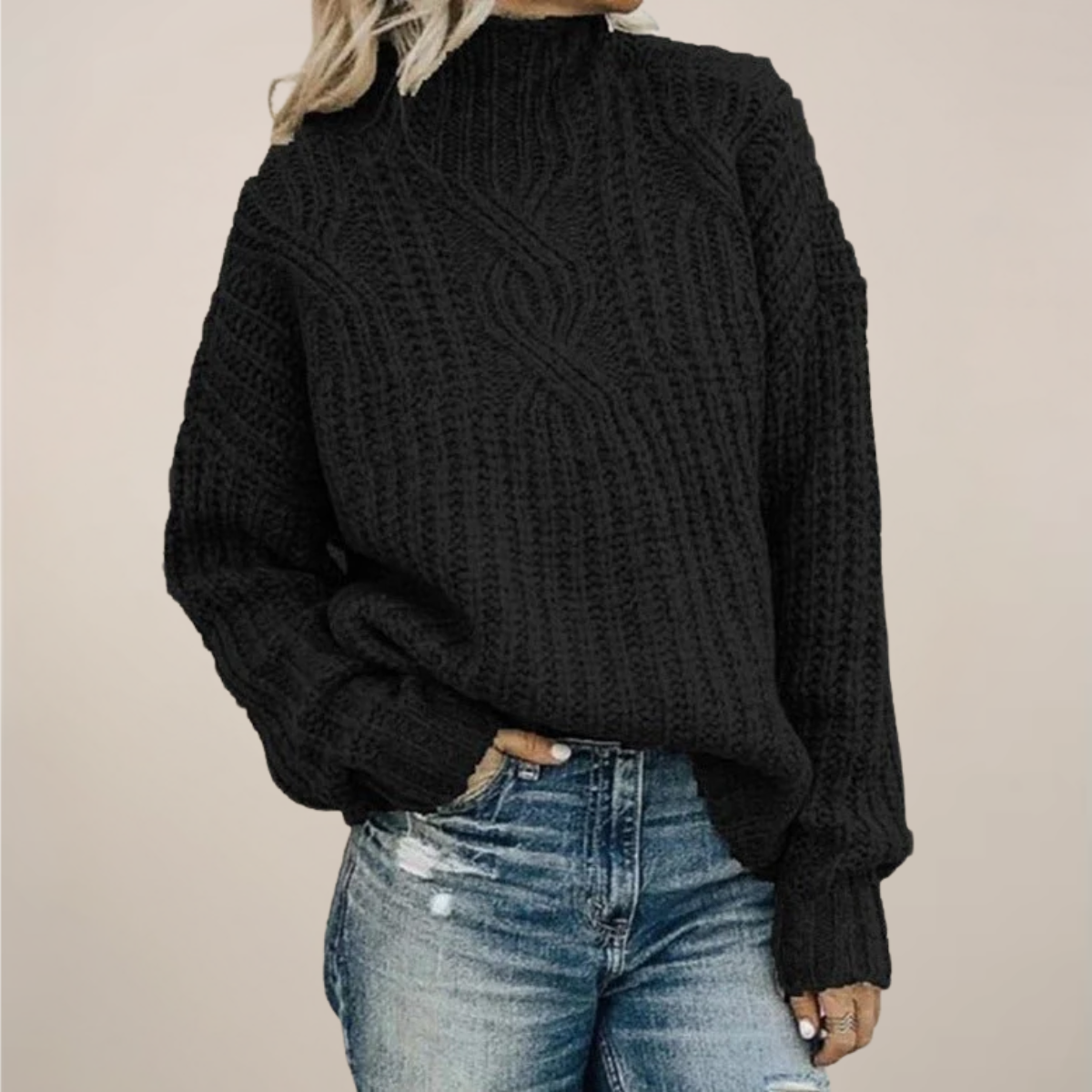 VogeLuxe | Women’s Oversized Cable-Knit Mock Turtleneck Sweater 0