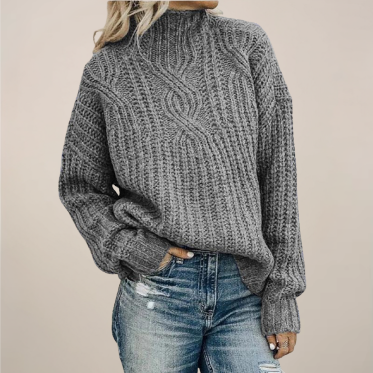 VogeLuxe | Women’s Oversized Cable-Knit Mock Turtleneck Sweater 1