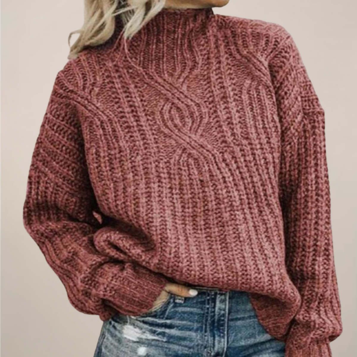 VogeLuxe | Women’s Oversized Cable-Knit Mock Turtleneck Sweater 2
