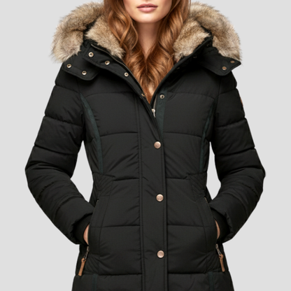VogeLuxe | Women’s Quilted Puffer Coat with Faux Fur Hood 0