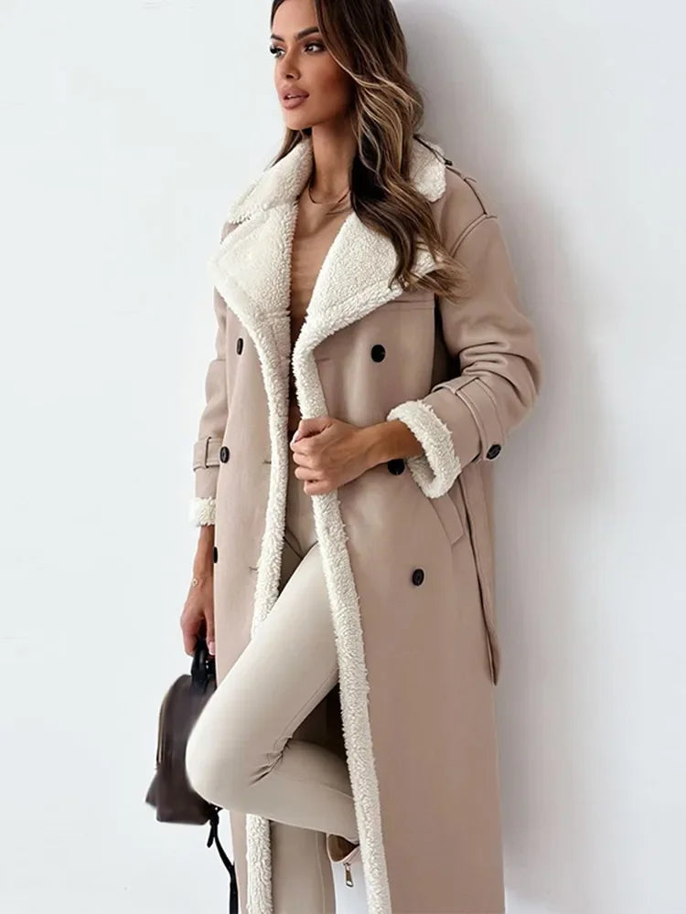 VogeLuxe | Women’s Shearling-Style Double-Breasted Trench Coat 0