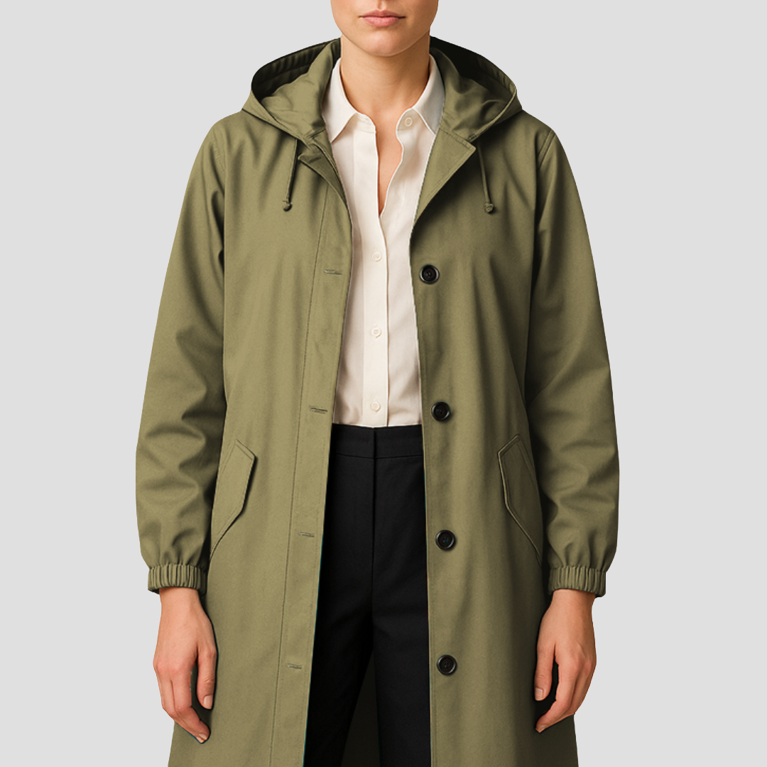VogeLuxe | Women’s Sleek Mid-Length Raincoat with Hood 6