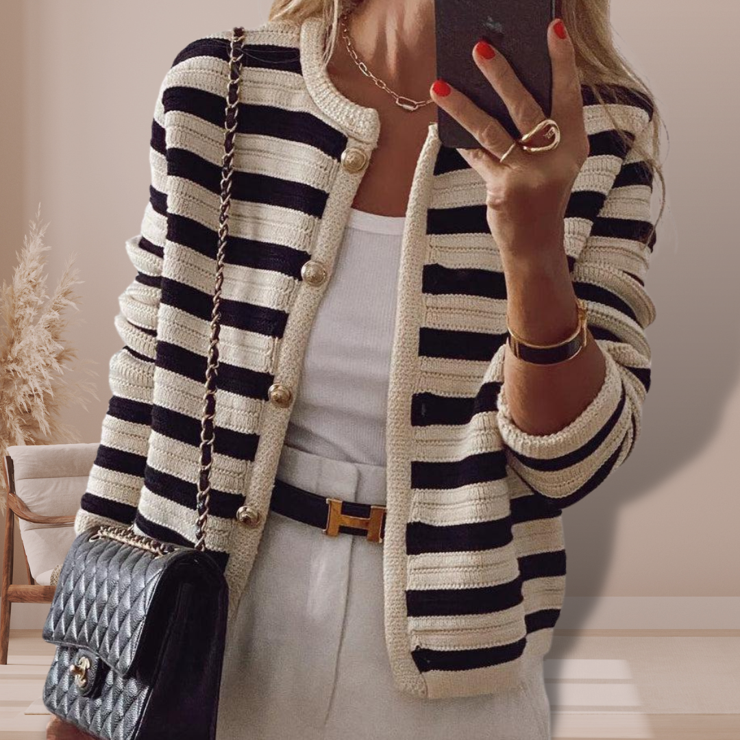VogeLuxe | Women’s Striped Gold Button Cardigan 1