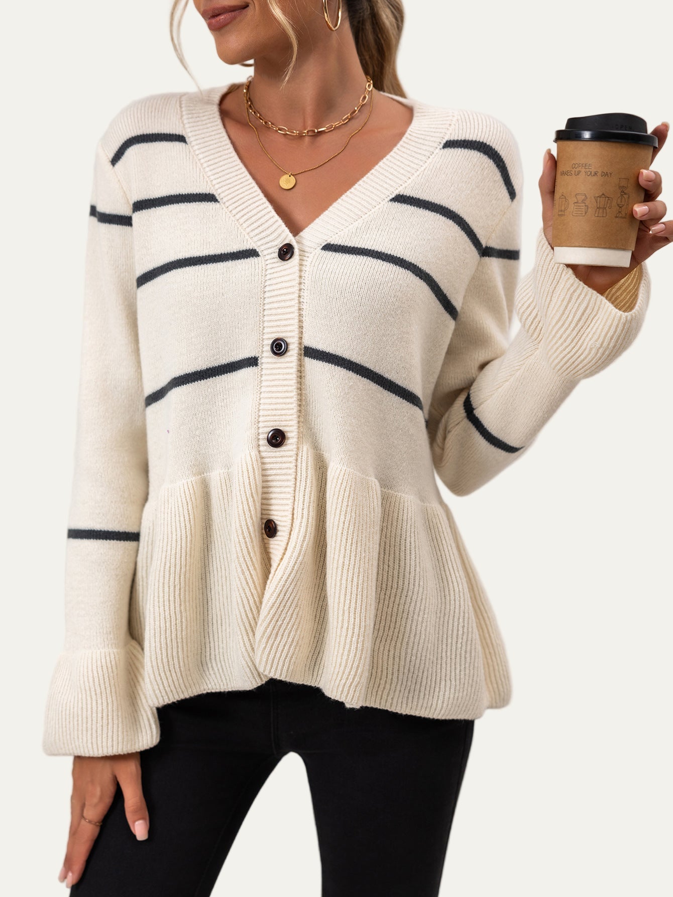VogeLuxe | Women’s Striped Peplum Cardigan 0