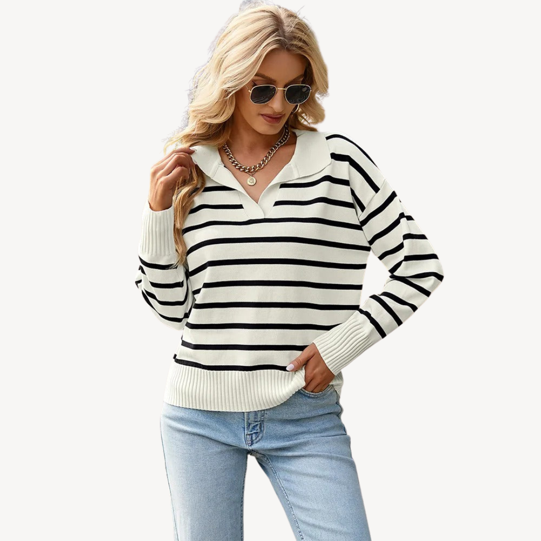 VogeLuxe | Women’s Striped V-Neck Polo Knit Sweater 0