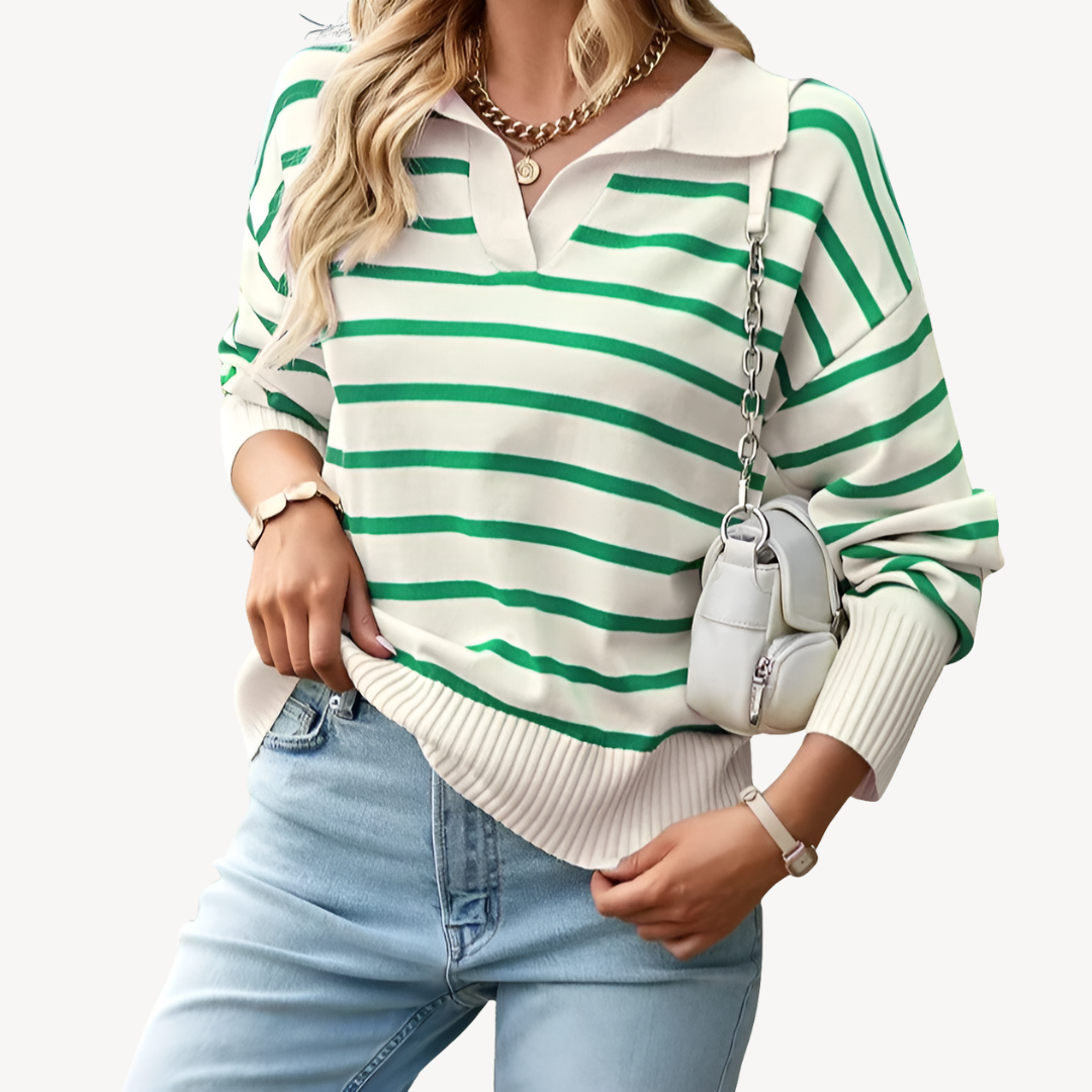 VogeLuxe | Women’s Striped V-Neck Polo Knit Sweater 1