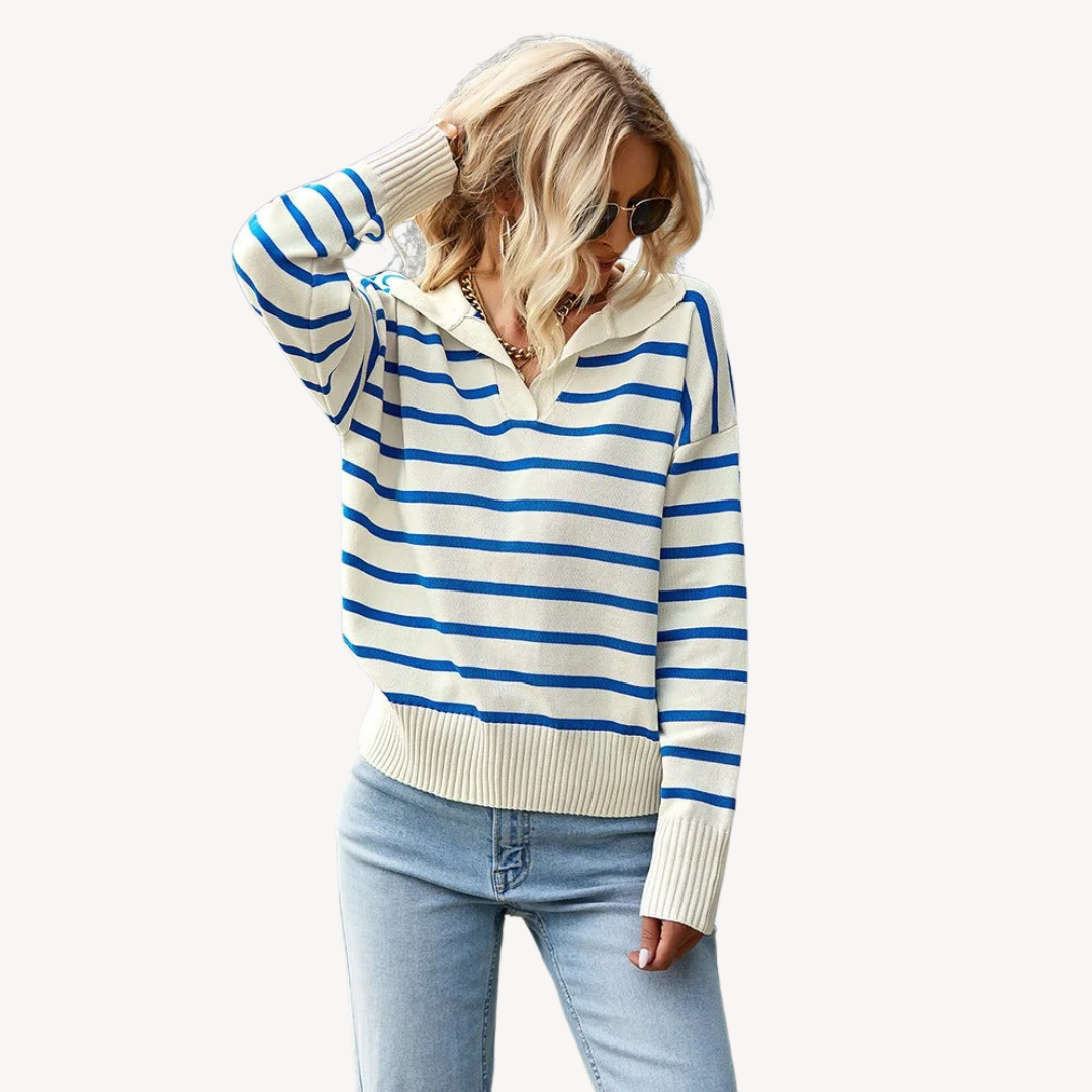 VogeLuxe | Women’s Striped V-Neck Polo Knit Sweater 2