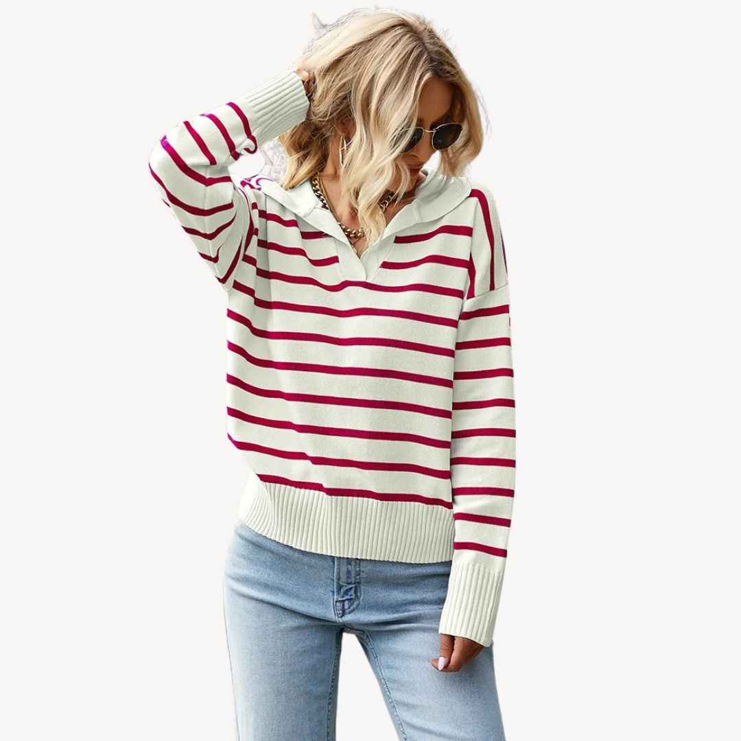 VogeLuxe | Women’s Striped V-Neck Polo Knit Sweater 3