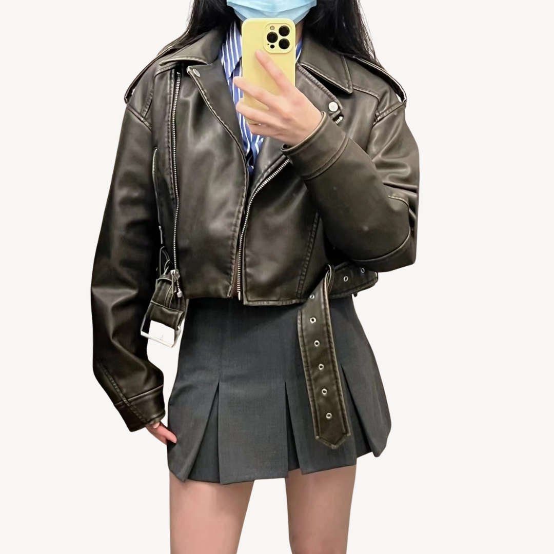 VogeLuxe | Women’s Vintage Leather Belted Jacket 1