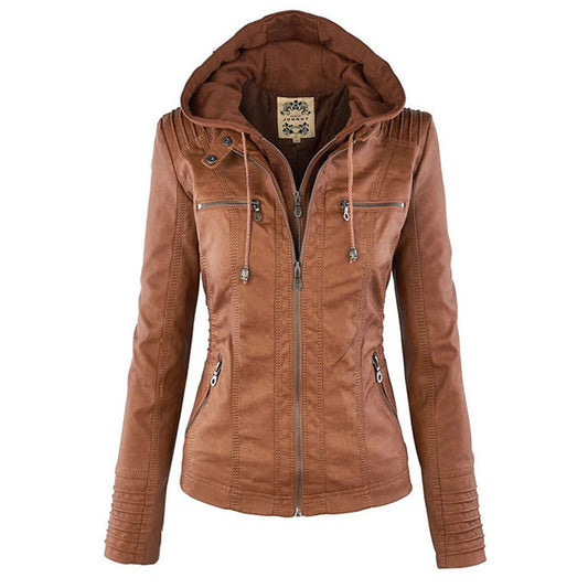 Waterproof Ladies Leather Coat with Hood - Luxivelle